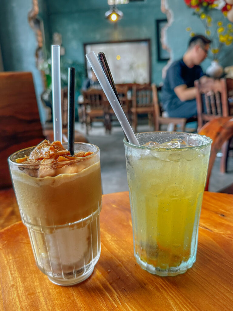 Coconut coffee and iced lemonade at Tram Cafe, Hue